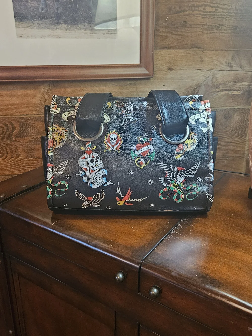Ed Hardy Black 'Love Hearts' Tattoo Print Satchel